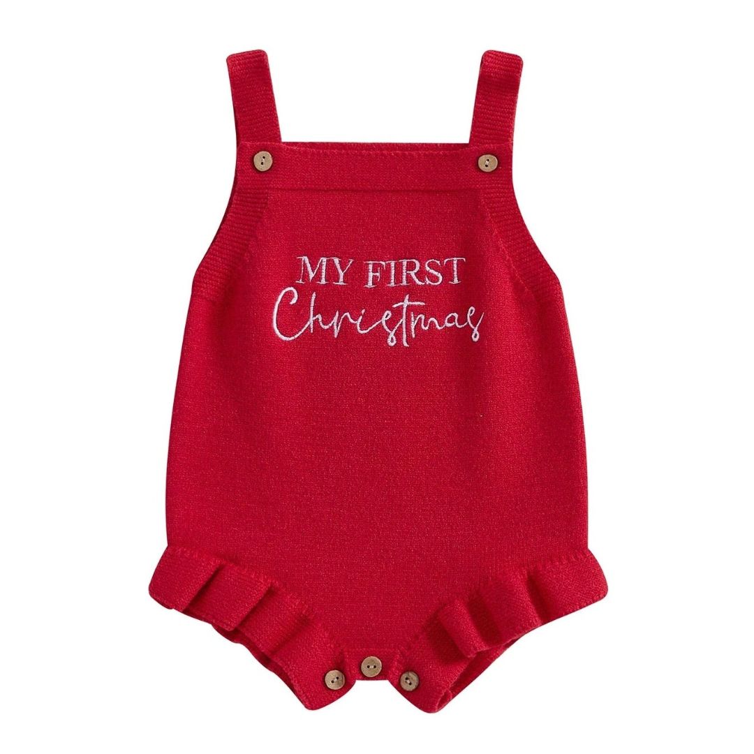 My First Christmas Romper for baby girl in festive red with ruffled details, perfect baby Christmas outfit