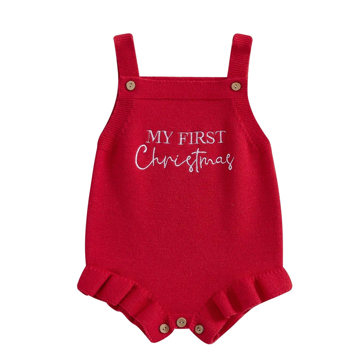 Red frill baby romper with &#39;My First Christmas&#39; text