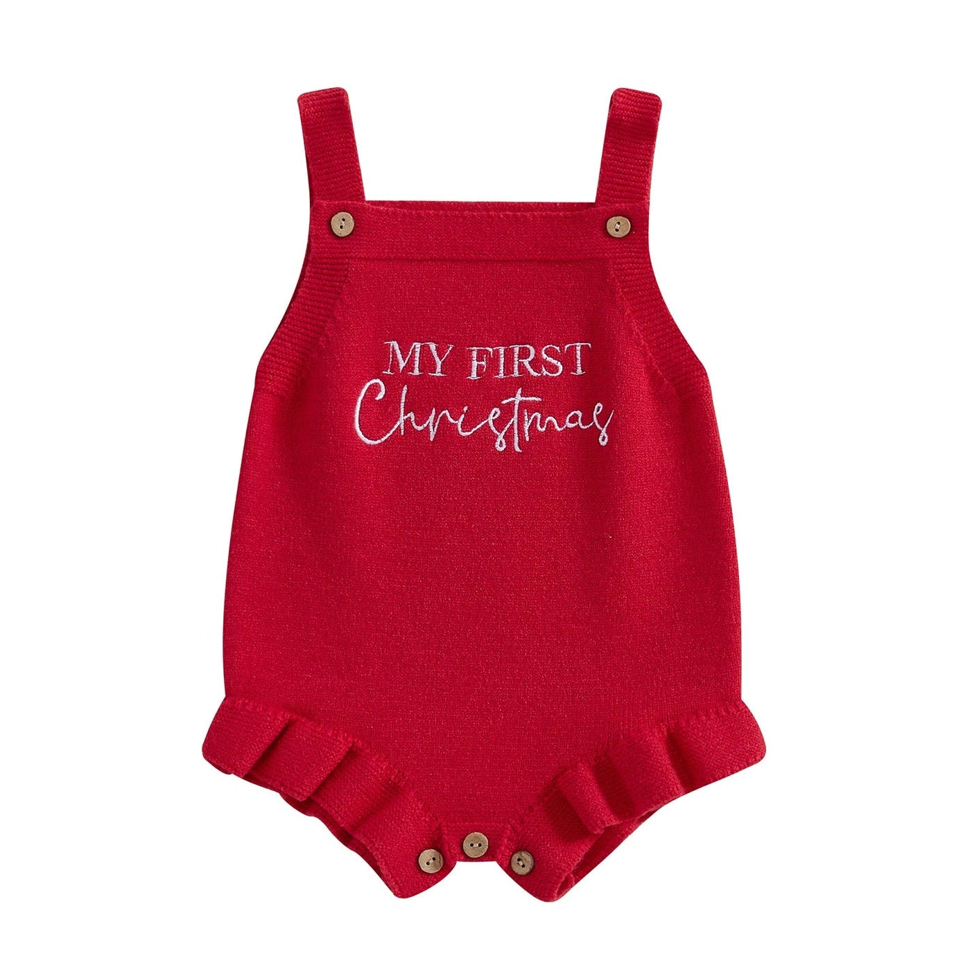 Red frill baby romper with 'My First Christmas' text