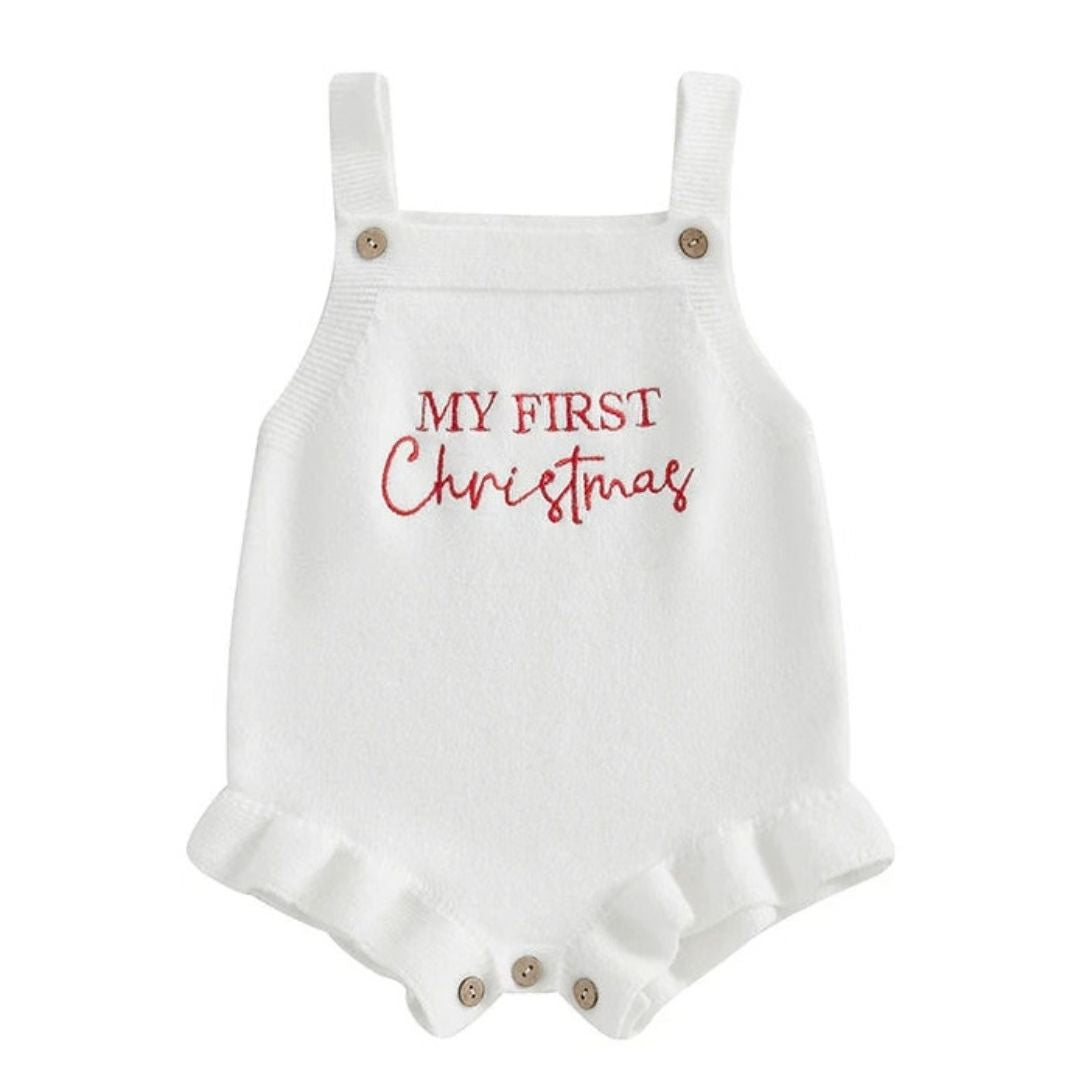 My First Christmas Romper for baby girl in white with ruffled details and red embroidery, perfect baby Christmas outfit