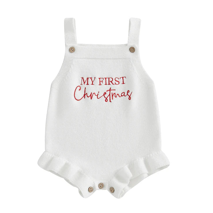 White frill baby romper with 'My First Christmas' text