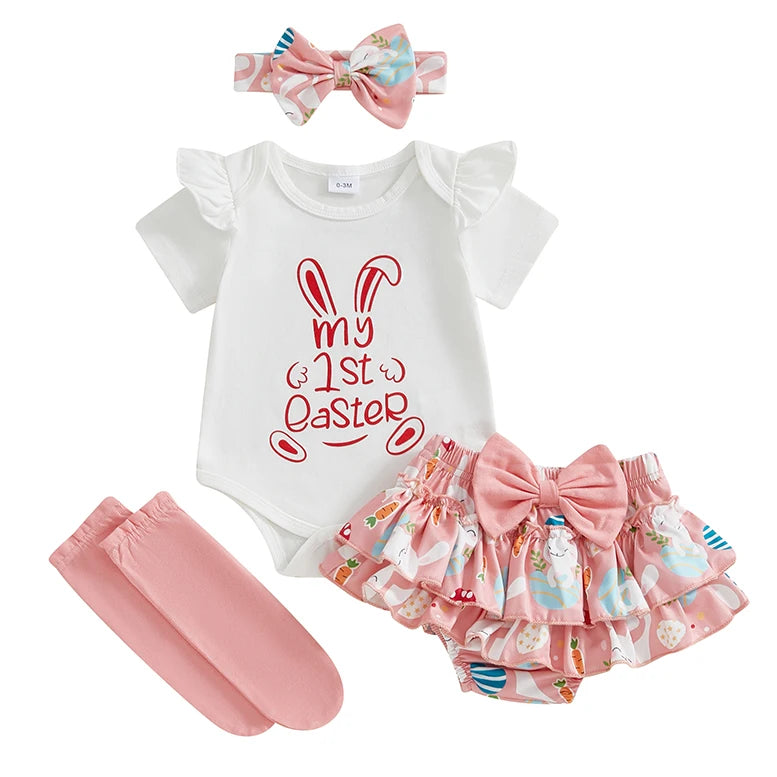 My first Easter bodysuit, ruffle bloomers, headband and socks for baby girls in beige