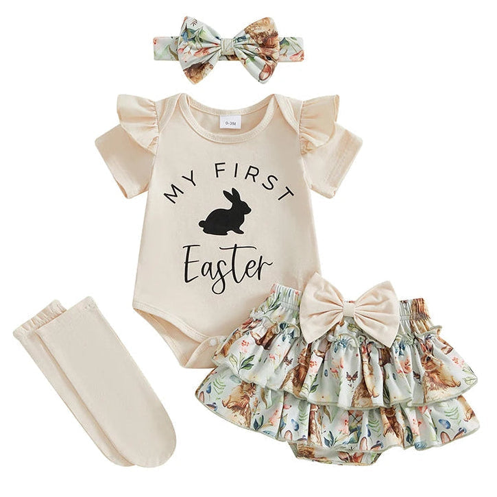 My first Easter bodysuit, ruffle bloomers, headband and socks for baby girls in beige