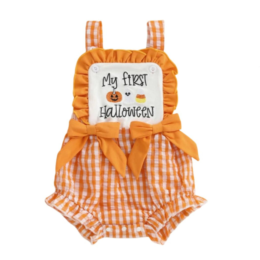 Baby girl Halloween romper, gingham design with pumpkin embroidery - Lulu Babe