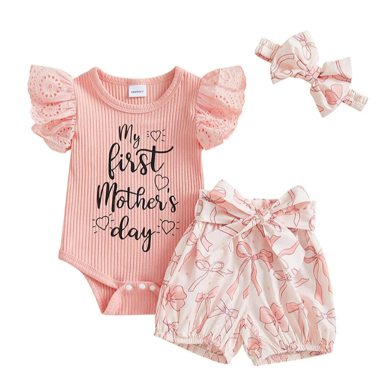 First Mother&#39;s Day outfit for baby girl - pink bodysuit, shorts and headband