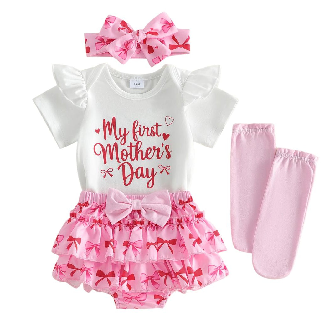 First Mother's Day baby outfit with romper, frill bloomers, headband and socks