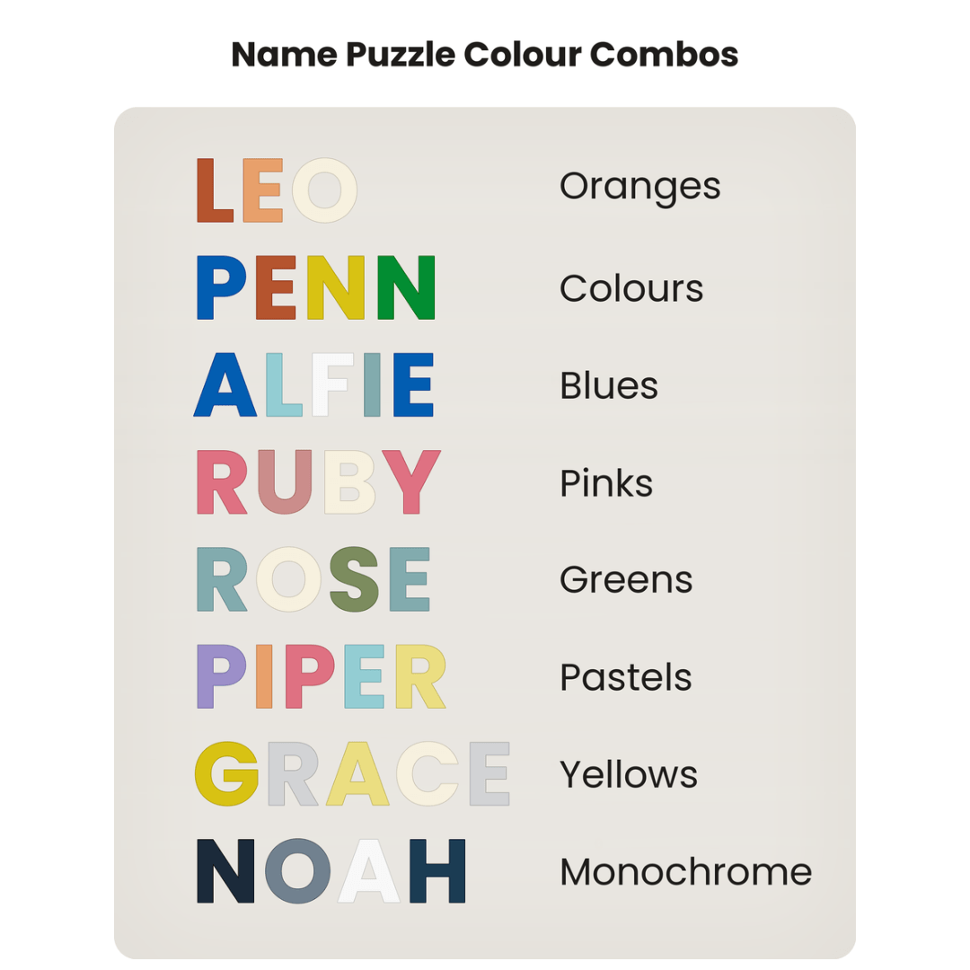 Colour chart showing available colour combinations for personalised name puzzles
