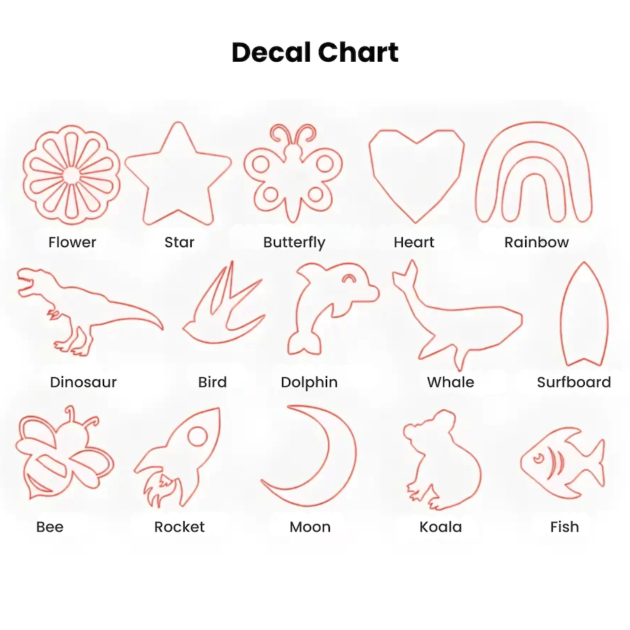 A decal chart showing 15 shapes including rainbow, dinosaur and rocket