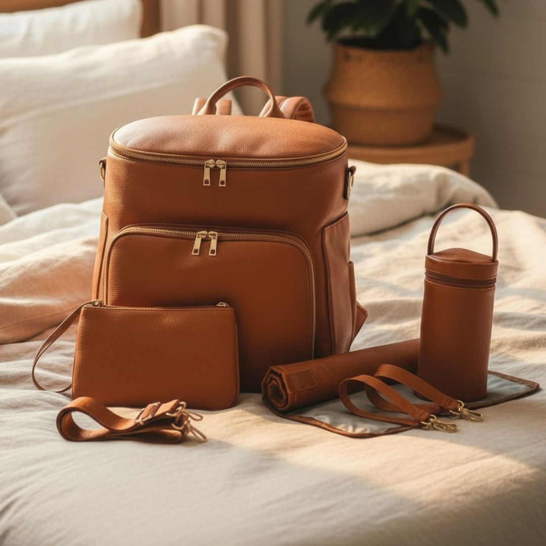 Nappy bag backpack and accessories in tan vegan leather styled on bed