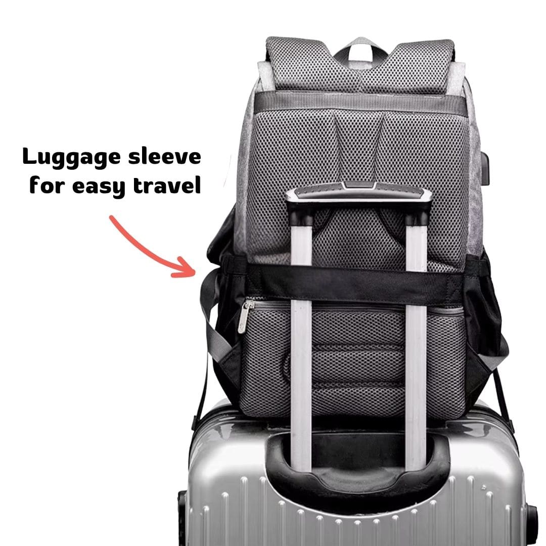 Nappy backpack with luggage sleeve for easy travel