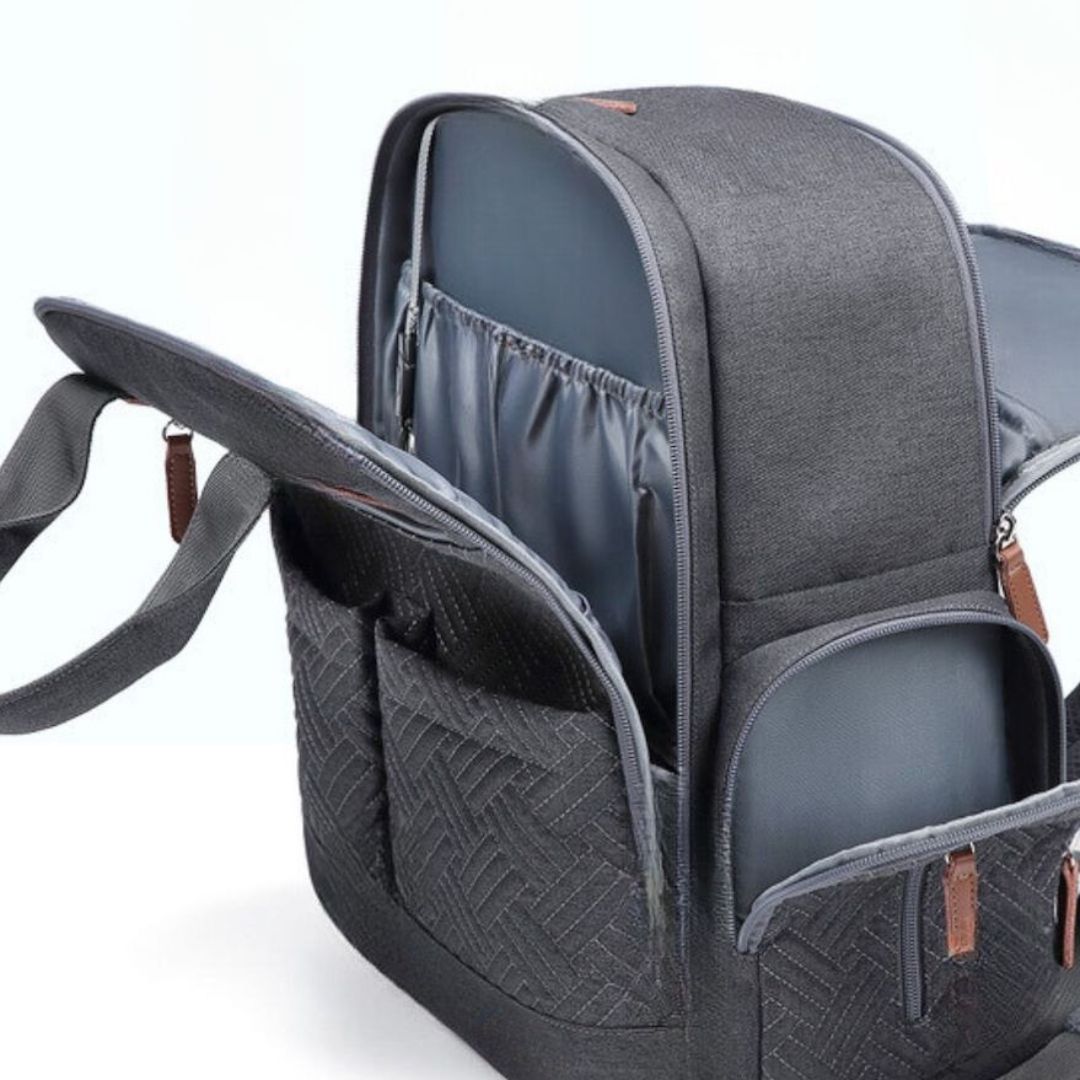 Urban nappy backpack in charcoal with multiple compartments