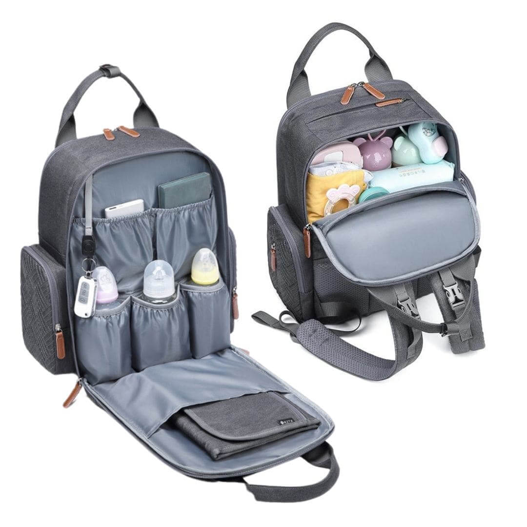 Urban nappy backpack in charcoal showing insulated bottle pockets