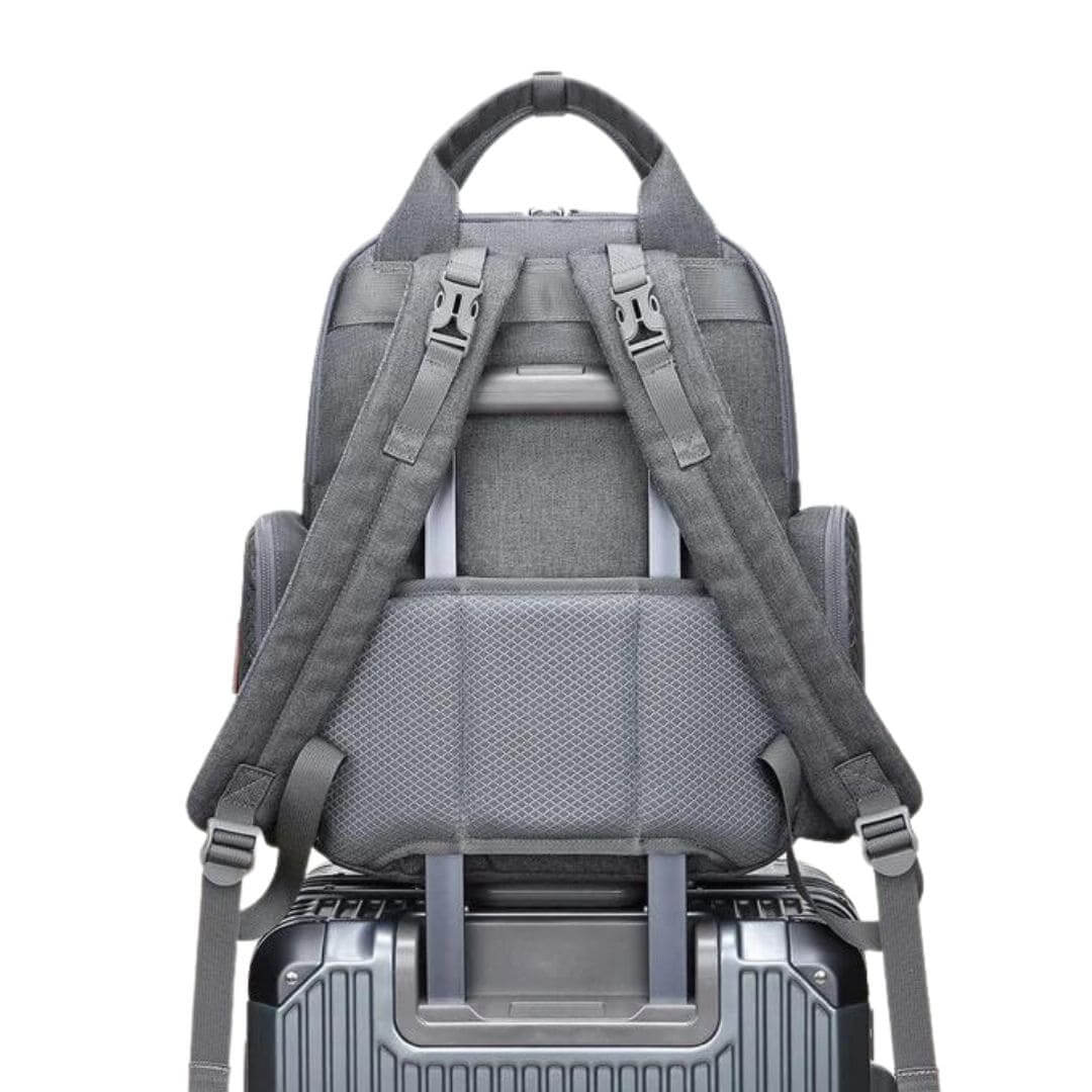 Nappy Backpack in charcoal with luggage sleeve for travel