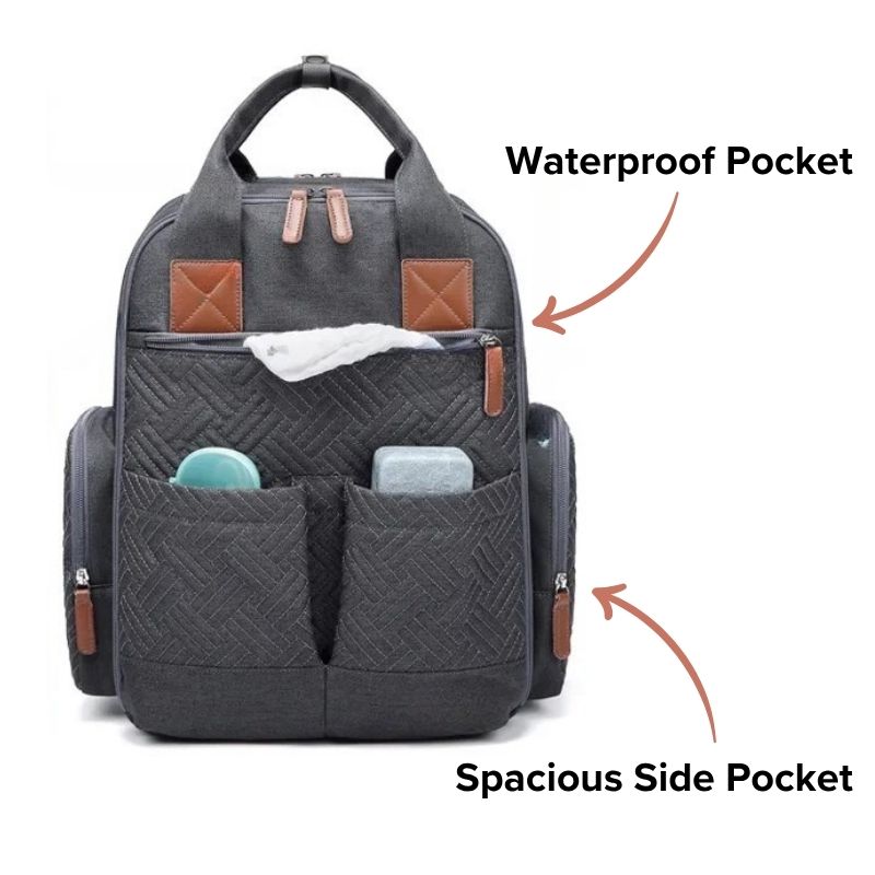 Urban nappy backpack featuring spacious side pockets and waterproof pocket in charcoal