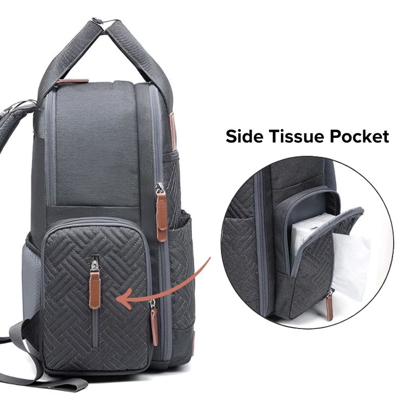 Urban nappy backpack in charcoal with side wipes or tissue pocket