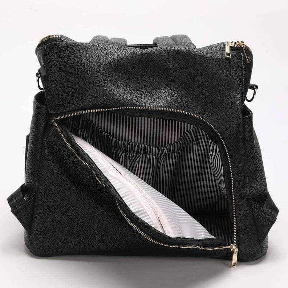Black vegan leather baby bag with zipper access to main compartment
