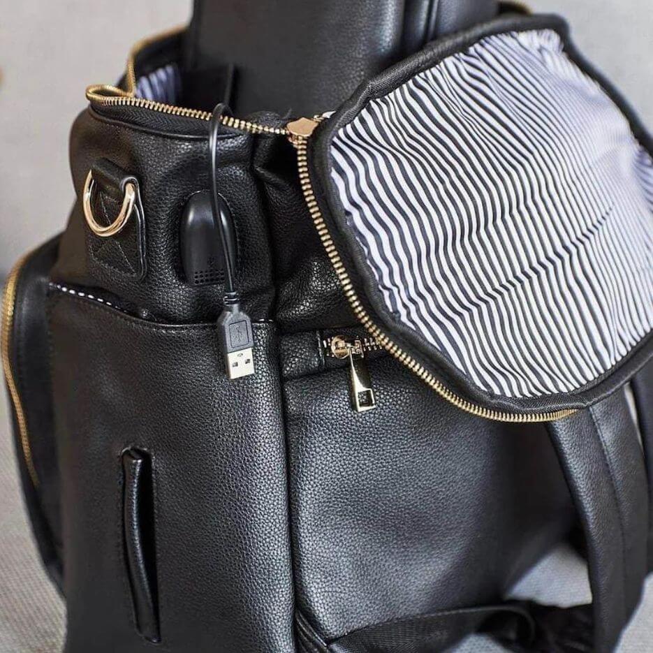 Sofia Nappy Bag in black showing luxe vegan leather finish