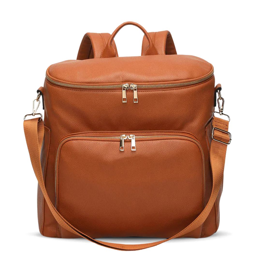 Baby backpack nappy bag in tan vegan leather with removable shoulder strap