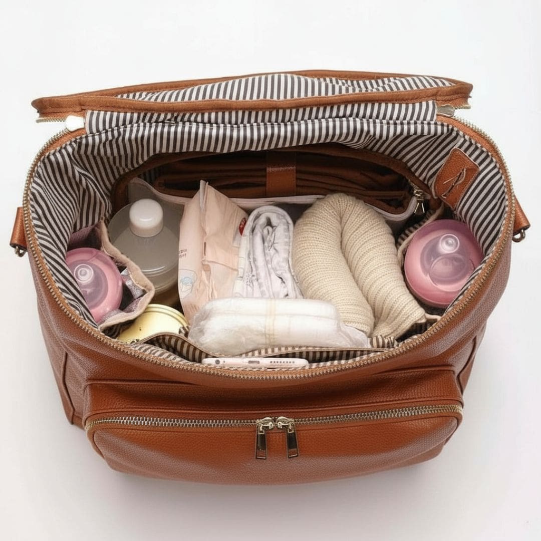 Interior of tan nappy backpack showing spacious capacity