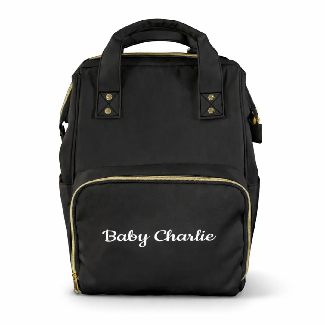 Black nappy bag personalised with name