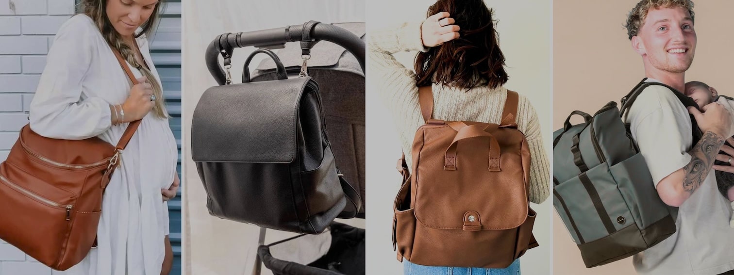 Nappy bag collection banner: collage of parents with stylish baby bags and nappy backpacks from Lulu Babe