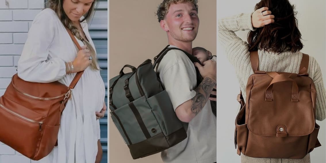 Nappy bag collection: lifestyle images showing parents using baby bags and backpacks from Lulu Babe
