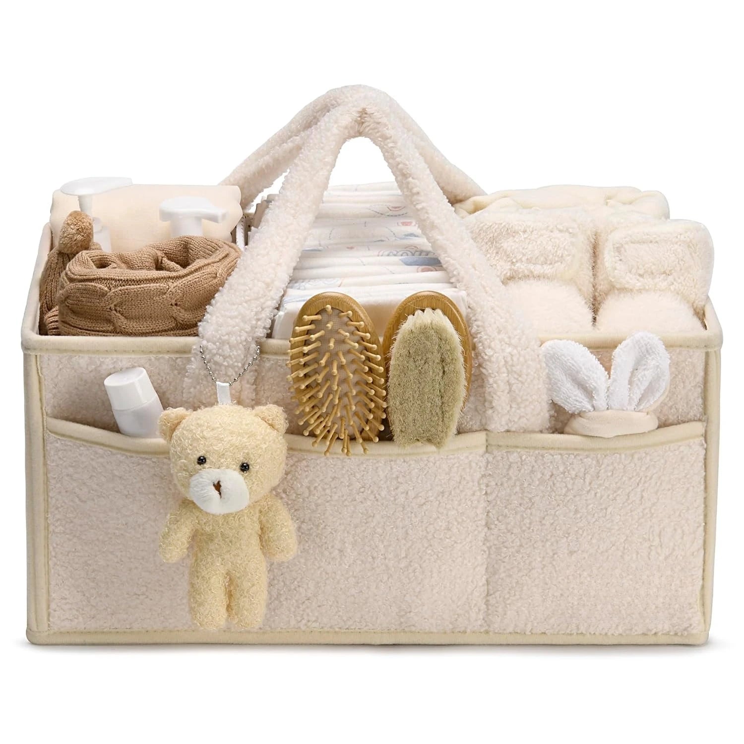 Plush nappy caddy for baby essentials in oatmeal with free teddy bear