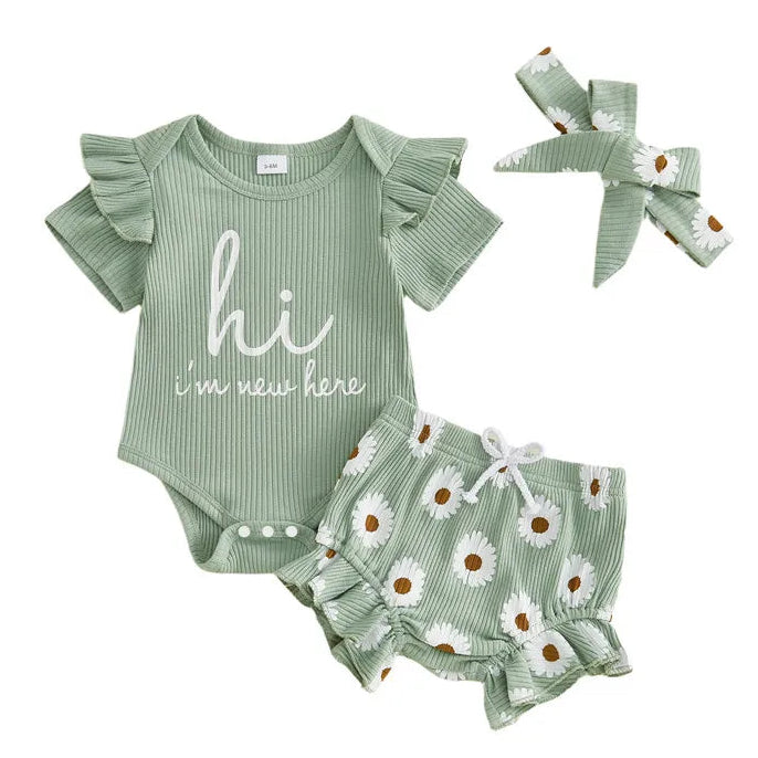 Hi I'm New Here baby girl outfit - green