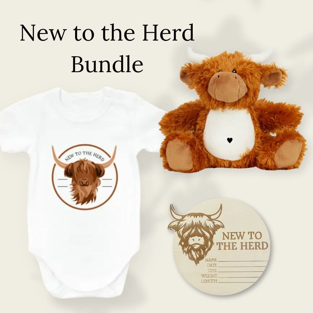 New to the Herd baby gift bundle with wooden birth disc Highland cow onesie and plush toy