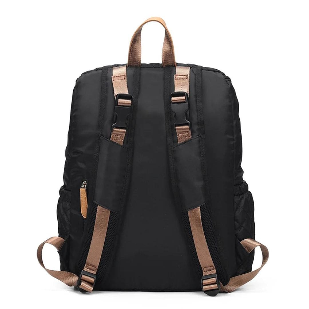 Back view of black quilted nappy backpack with padded straps