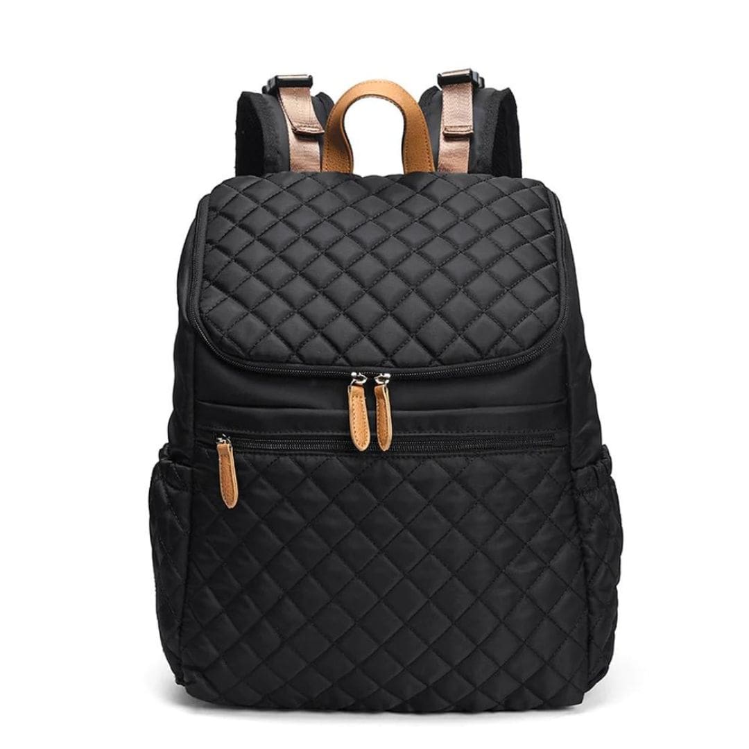 Stylish black quilted nappy backpack with smart storage, ideal baby bag for modern parents.