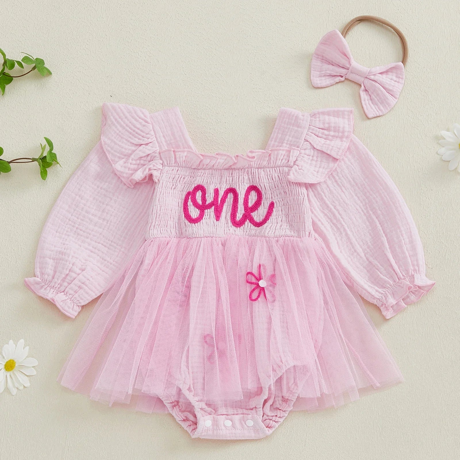 Pink baby girl tutu romper with 'one' and a matching headband - first birthday outfit