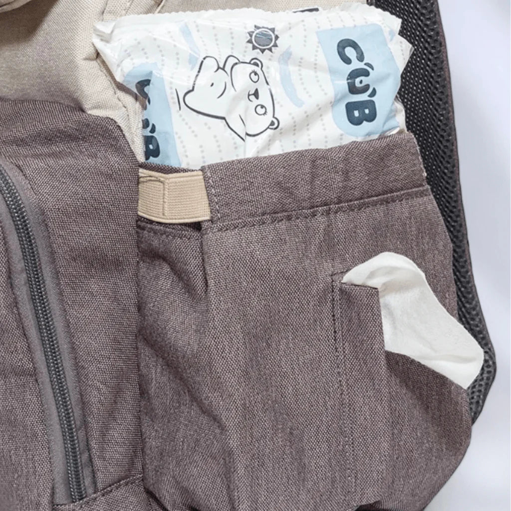 Closeup view of Oslo Nappy Backpack showing wipes pocket