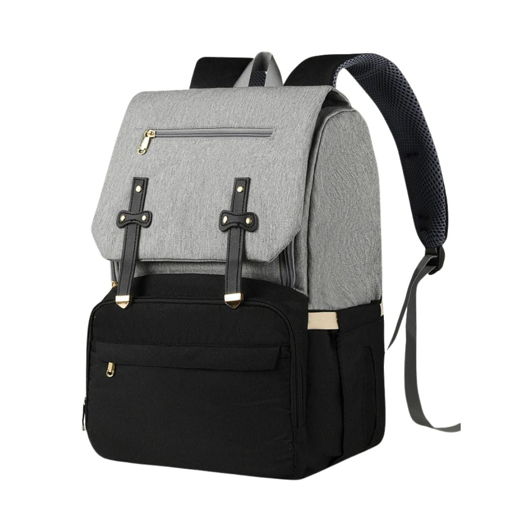Oslo Nappy Backpack grey and black with insulated bottle pockets, lightweight, unisex design, includes changing mat.