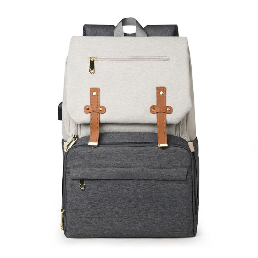 Nappy Bag Backpack in grey and white, featuring insulated bottle pockets, lightweight design, and a changing mat