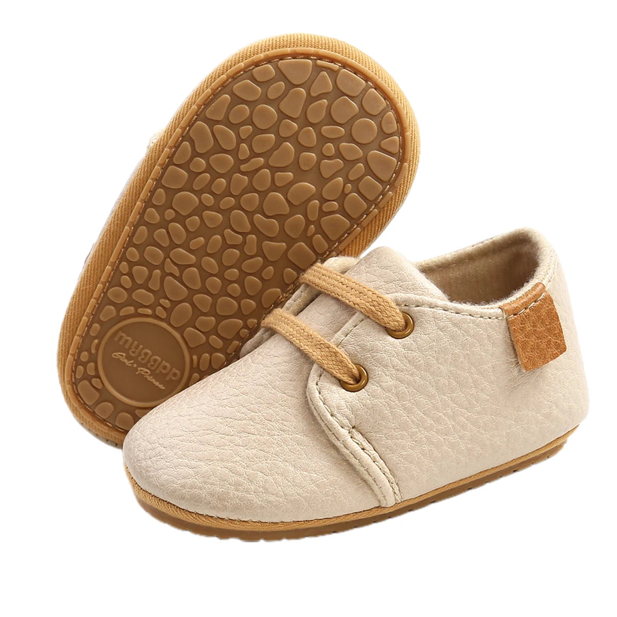 Beige lace-up oxford style baby shoes with anti-slip sole