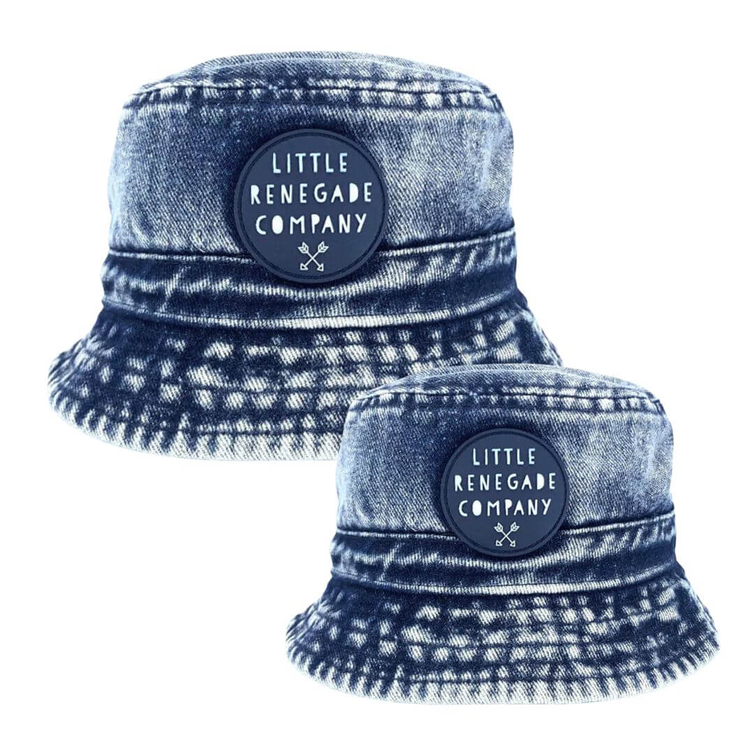 Matching blue denim bucket hats for parent and baby by Little Renegade Company