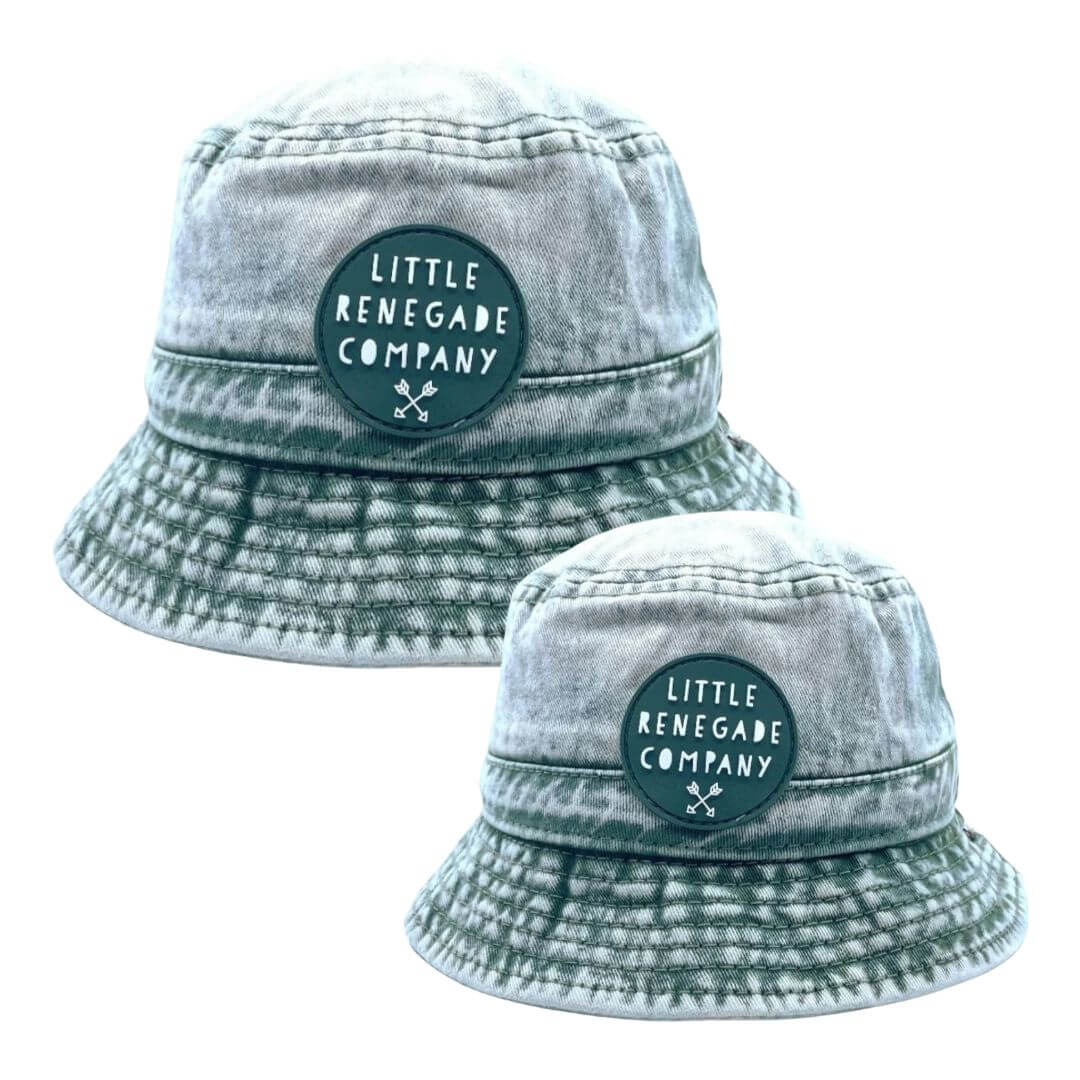 Matching green denim bucket hats for parent and baby by Little Renegade Company