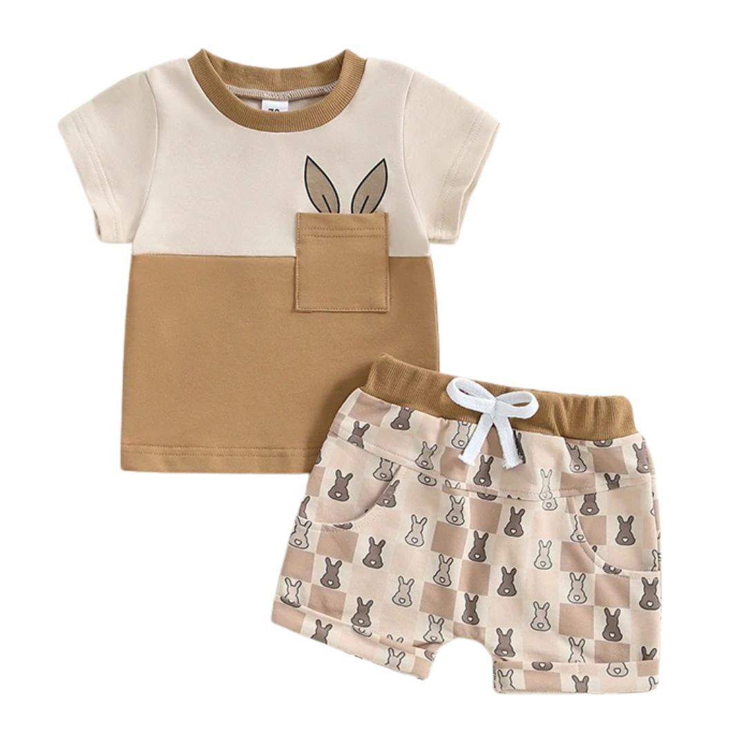 Tan and cream boys outfit with bunny ear pocket tee and bunny print shorts