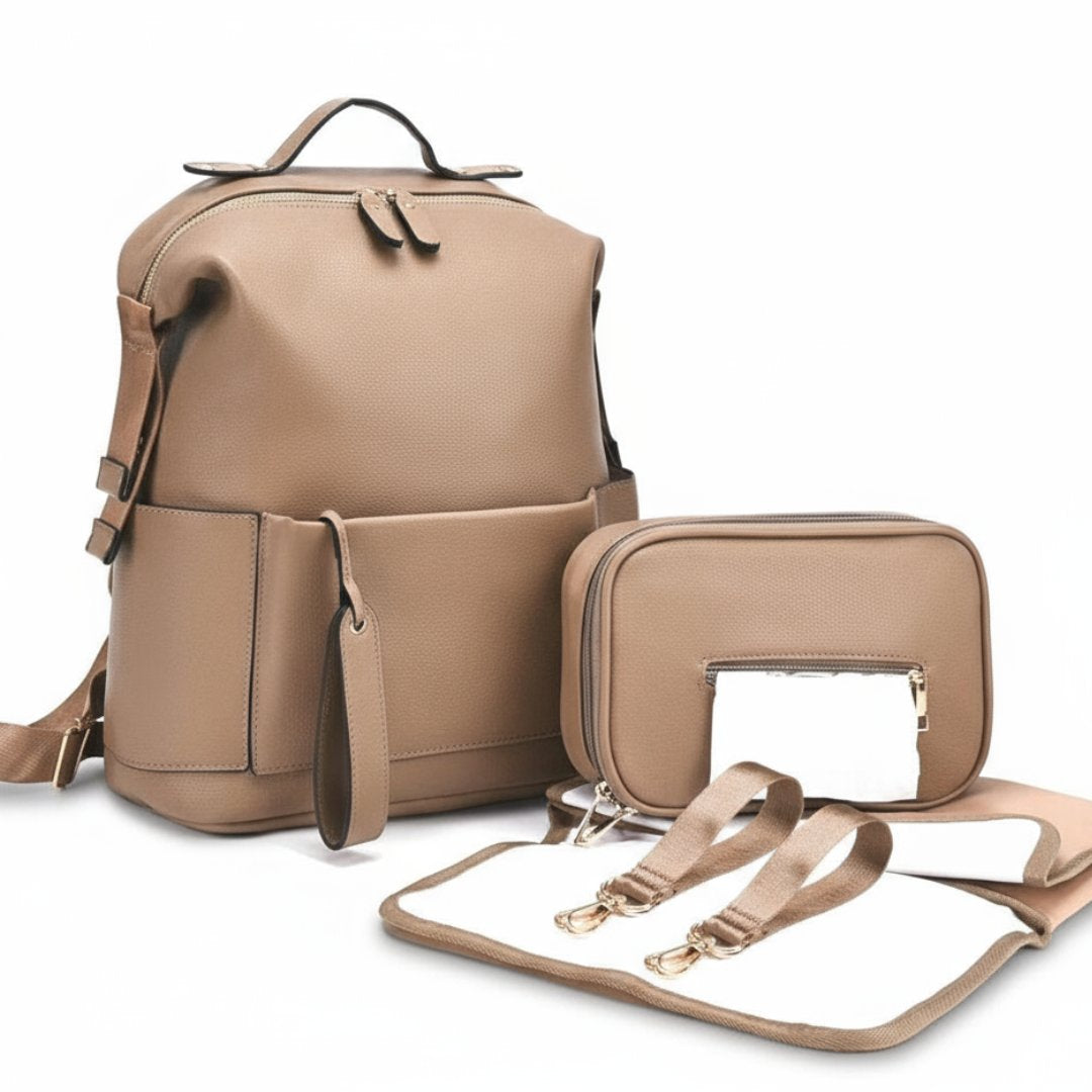 Penelope Baby Nappy Bag in camel with matching accessories | Convertible Nappy Backpack - Lulu Babe