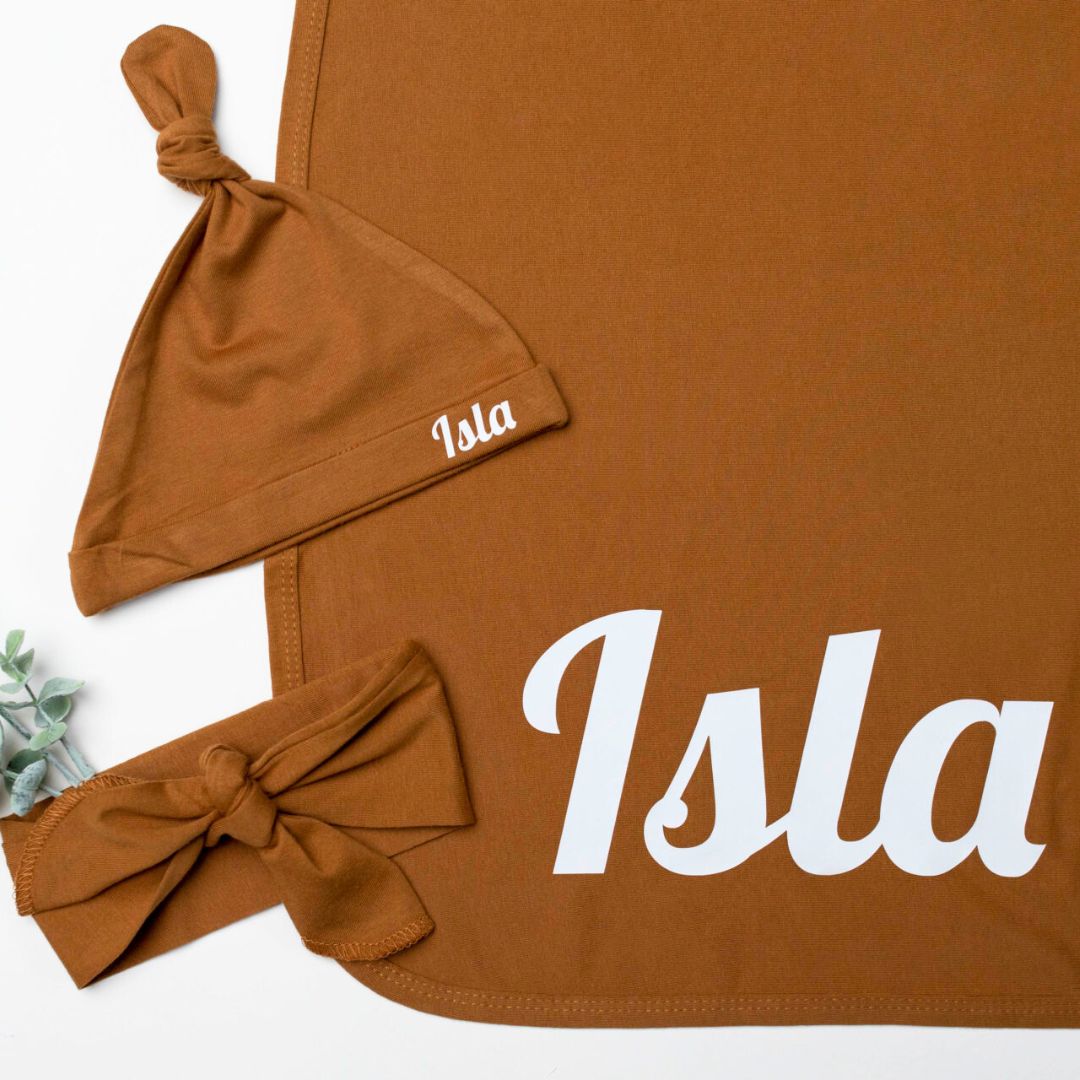 Personalised Swaddle and Beanie Set in mustard | Newborn Gift