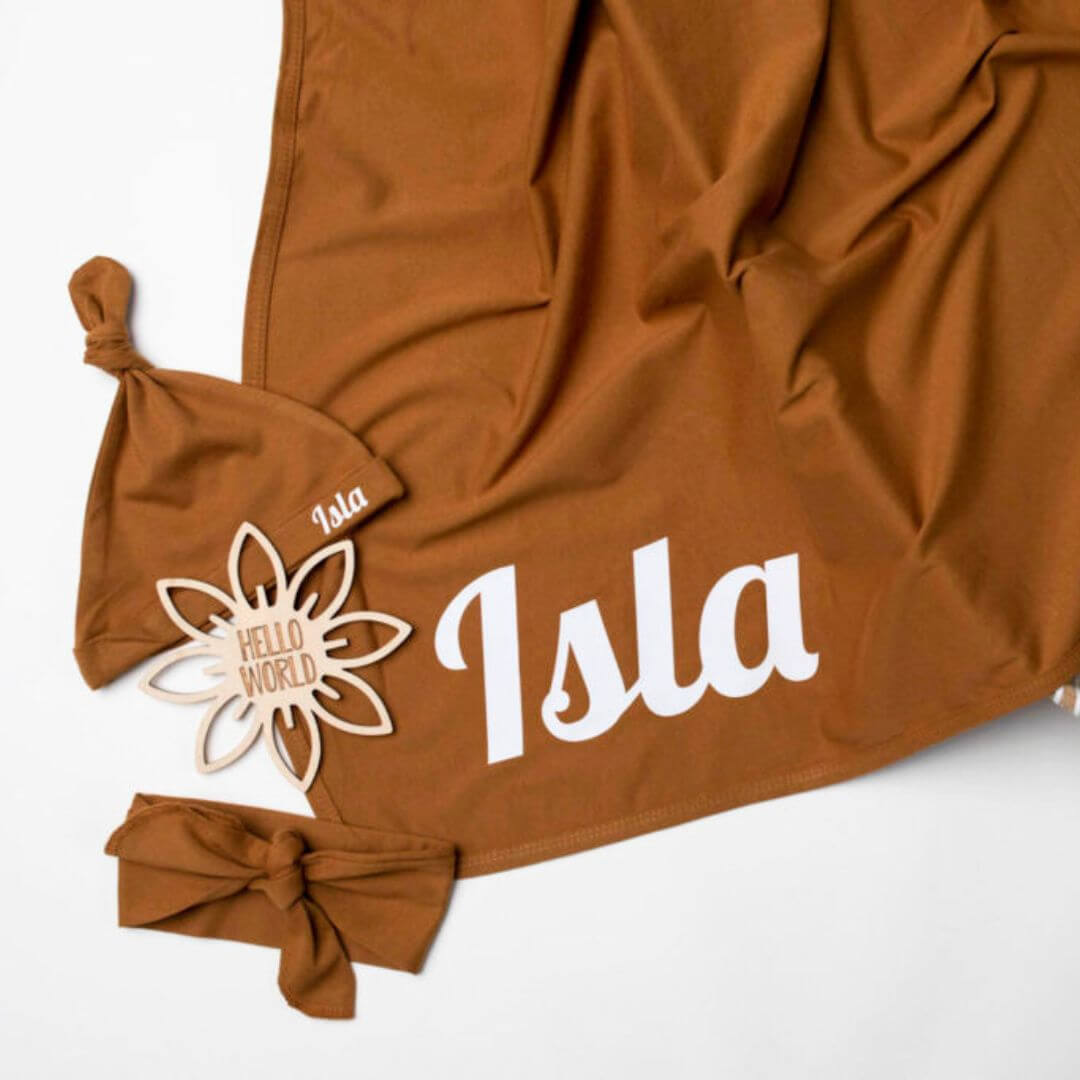 Personalised Swaddle and Beanie Set in mustard | Newborn Gift