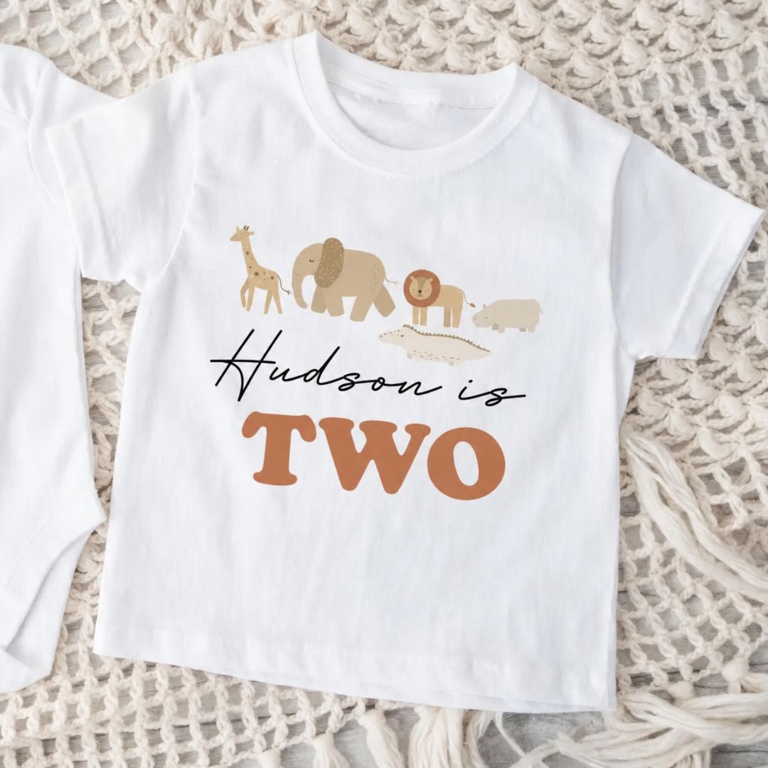 Baby boy personalised 2nd birthday t-shirt with safari animals and "Hudson is Two" text