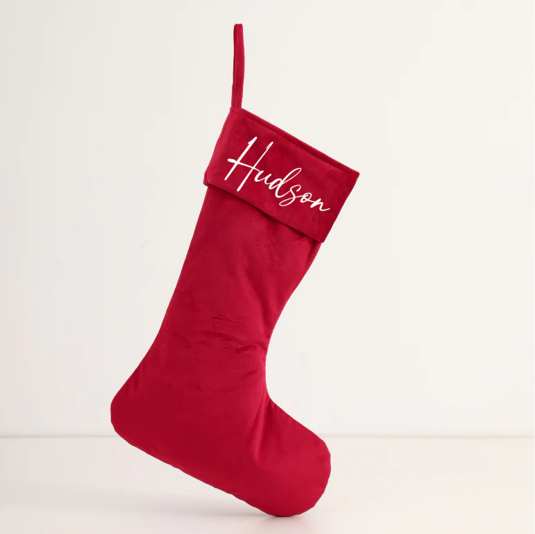 Personalised Velvet Christmas Stocking in red with name embroidery