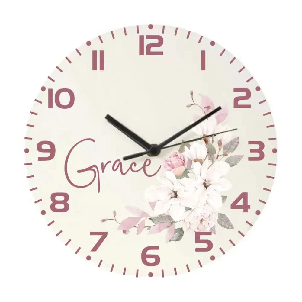 Personalised wall clock with floral design and custom name