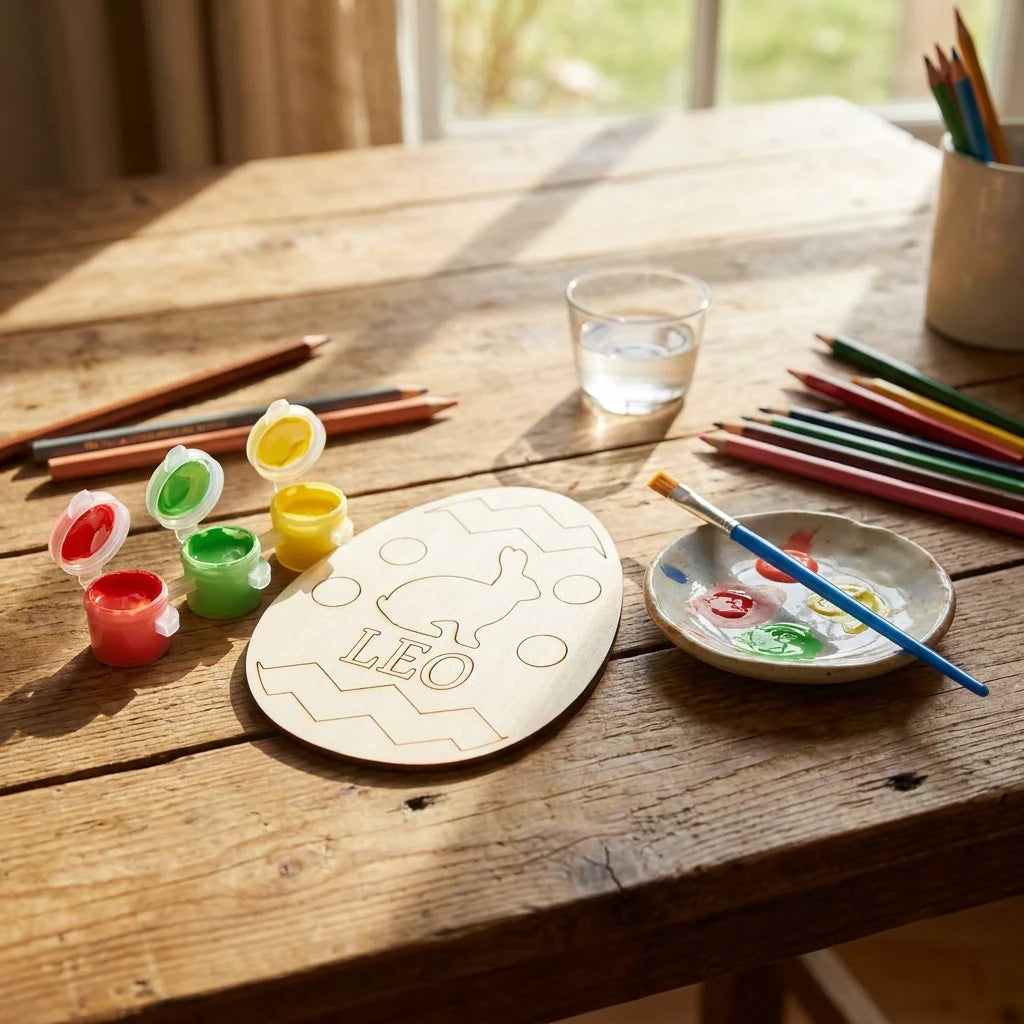 Personalised wooden Easter egg on a wooden table with paints and brushes