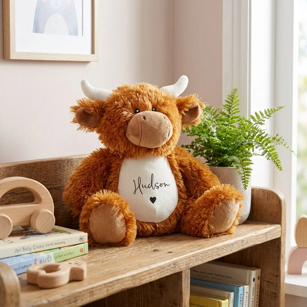 Fluffy Highland cow plush toy personalised with baby name and heart