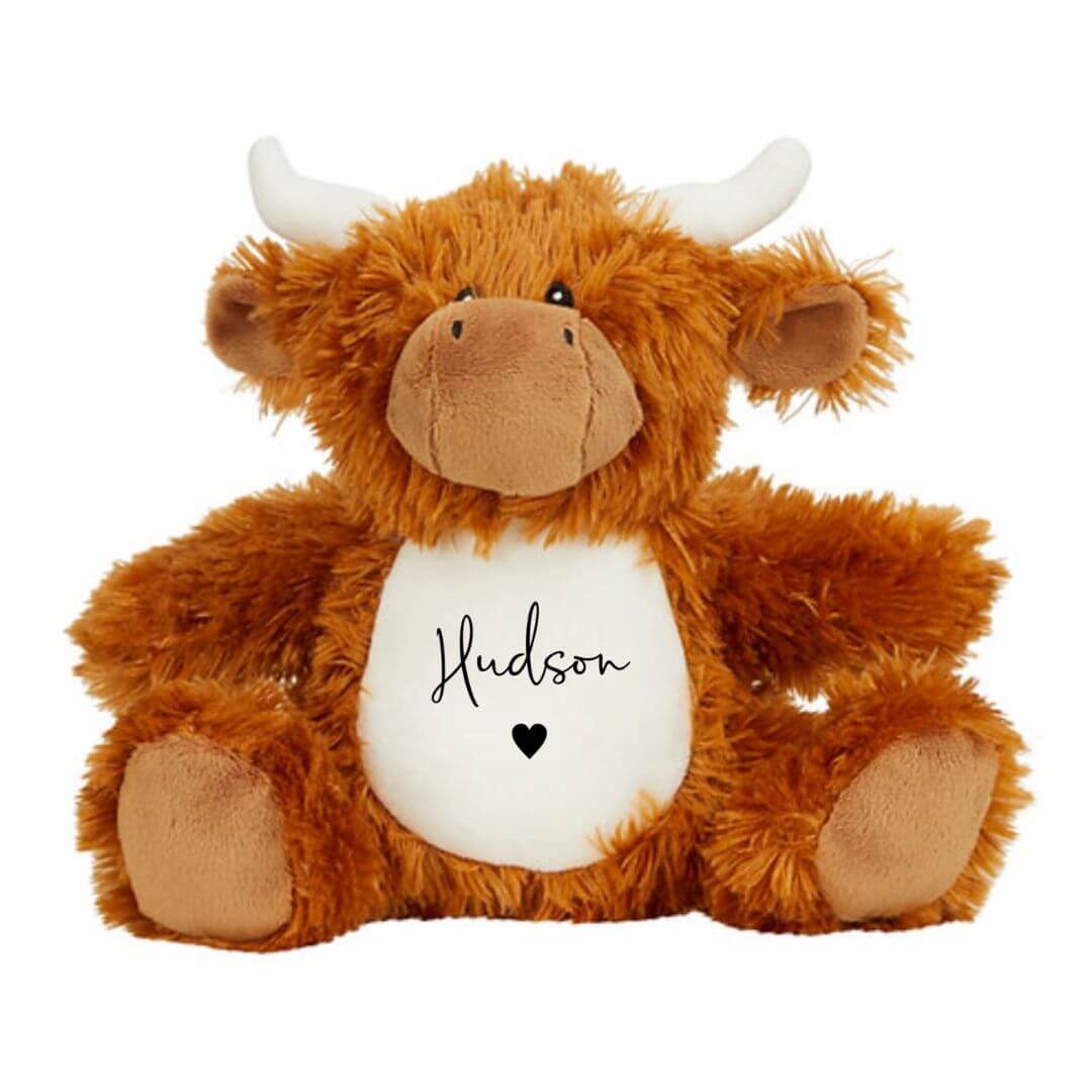 Personalised Highland Cow Plush | Soft Cuddle Toy with heart & baby name
