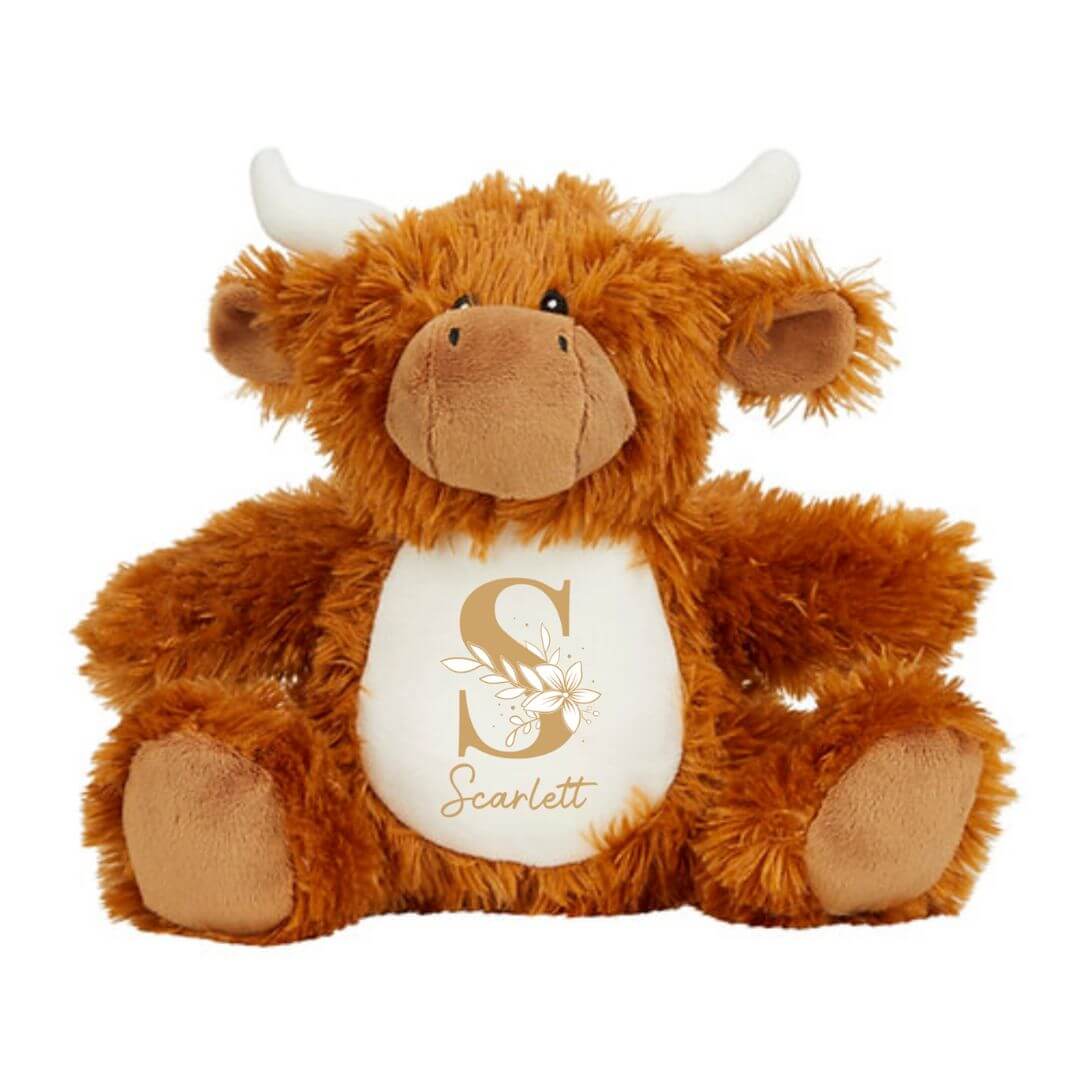 Personalised Highland Cow Plush | Customised with floral letter & baby's name