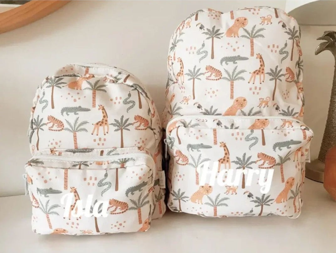Personalised kids backpacks with safari print - two sizes